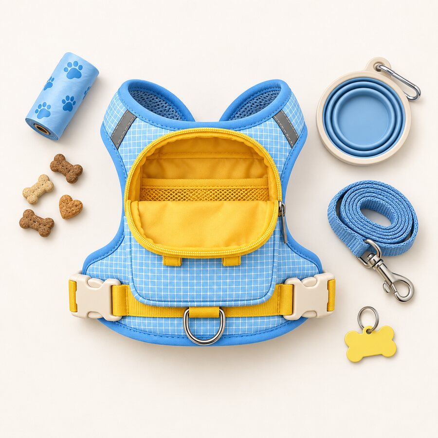 Arnés con mochila Tagoon abierto junto a accesorios preparados para el paseo